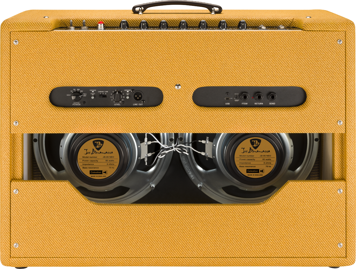Gitarrenverstärker, Tweed-Bezug, gelb-orange, zwei Lautsprecher, Anschlussfeld