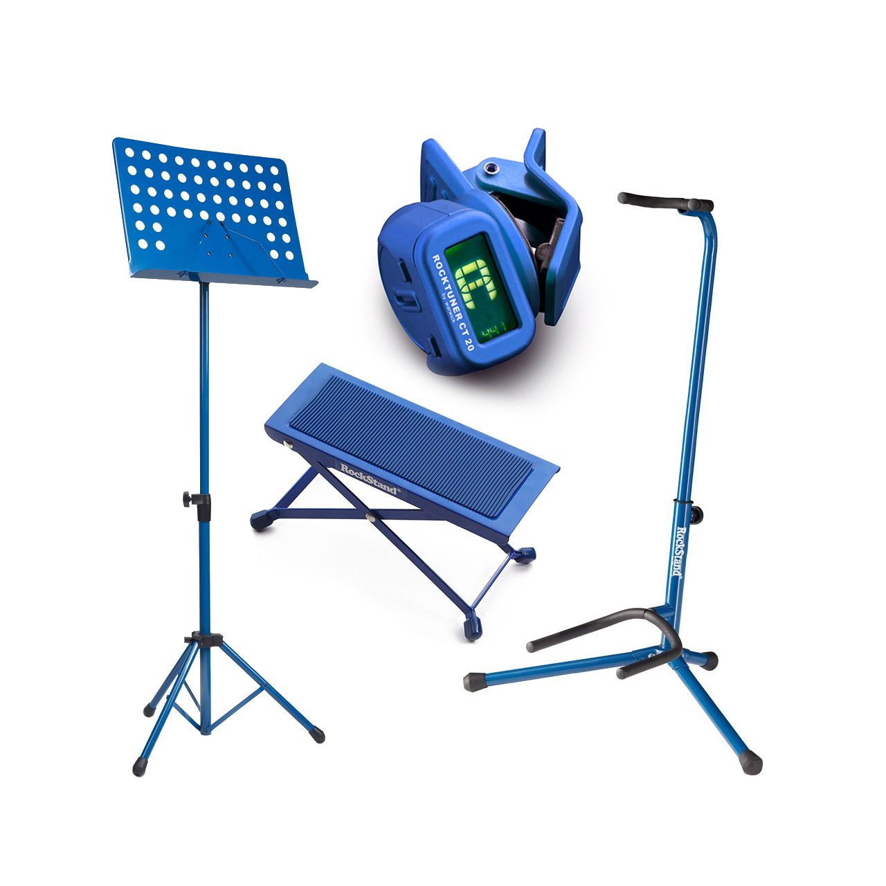 Einsteiger-Bundle 49: Fußbank + Orchesterpult + Gitarrenständer + Clip-On Tuner / blau