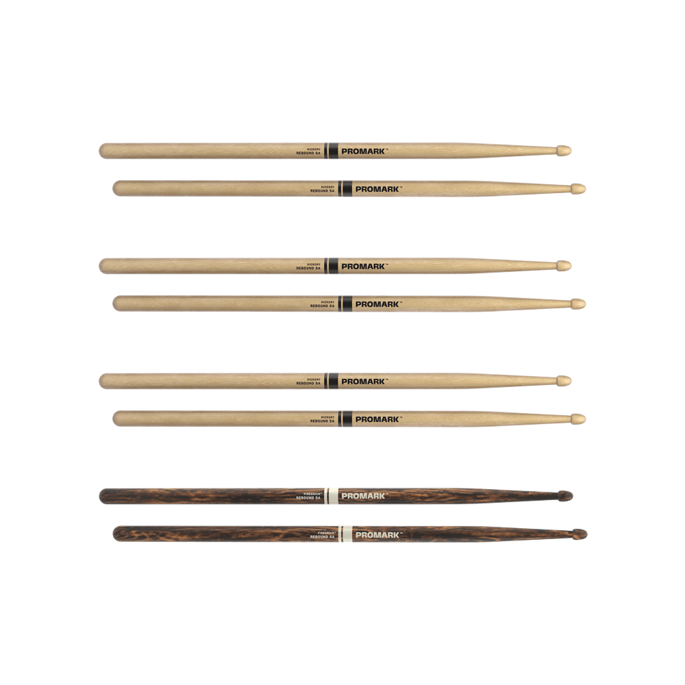 Rebound 5A Drumstick aus Hickory, Acorn Wood Tip, FireGrain Bonus 4er-Packung