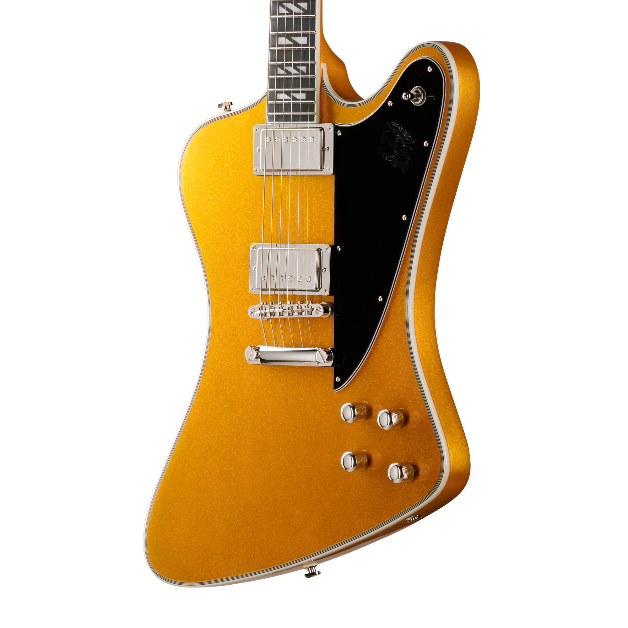 E-Gitarre, Goldorange, Schwarzes Schlagbrett, Doppelspulen-Tonabnehmer, Massivkorpus