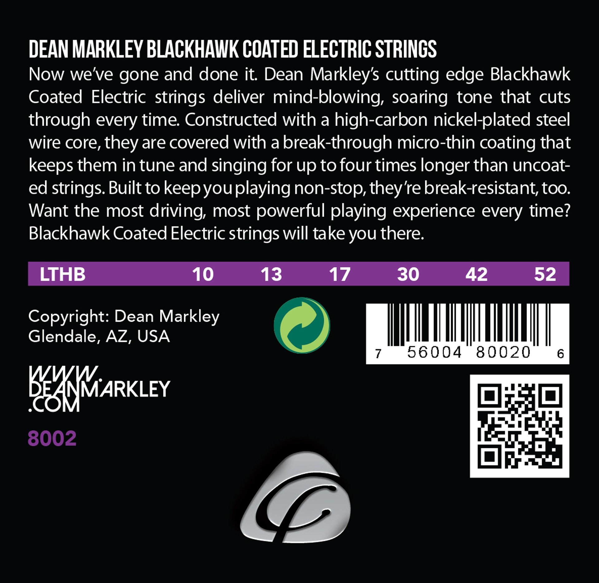Blackhawk - 8002 - Coated Electric Guitar String Set, Light Top Heavy Bottom, .010-.052