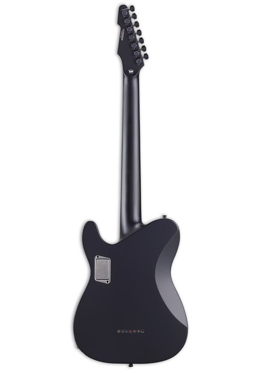 E-Gitarre, schwarzer Korpus, durchgehender Hals, sechs Saiten, rückseitige Elektronikabdeckung