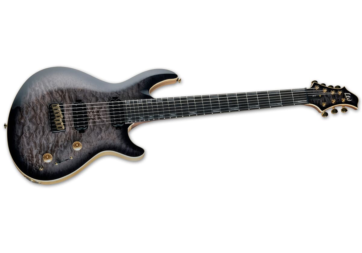 E-Gitarre, Sieben Saiten, Quilted-Ahorn-Decke, Schwarzes Finish, Doppelspulen-Tonabnehmer