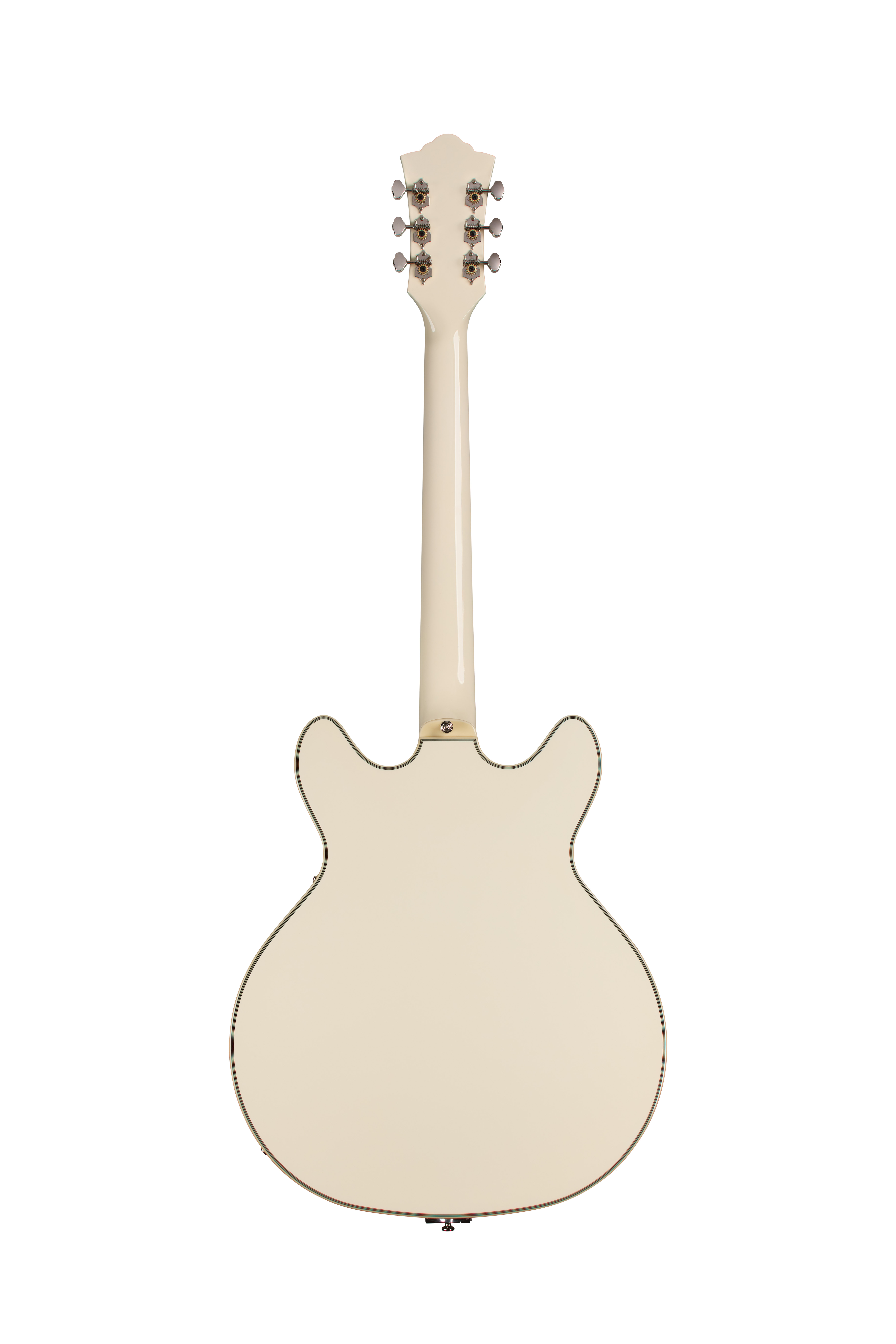 E-Gitarre, cremefarben, hohler Korpus, doppelter Cutaway, sechs Saiten