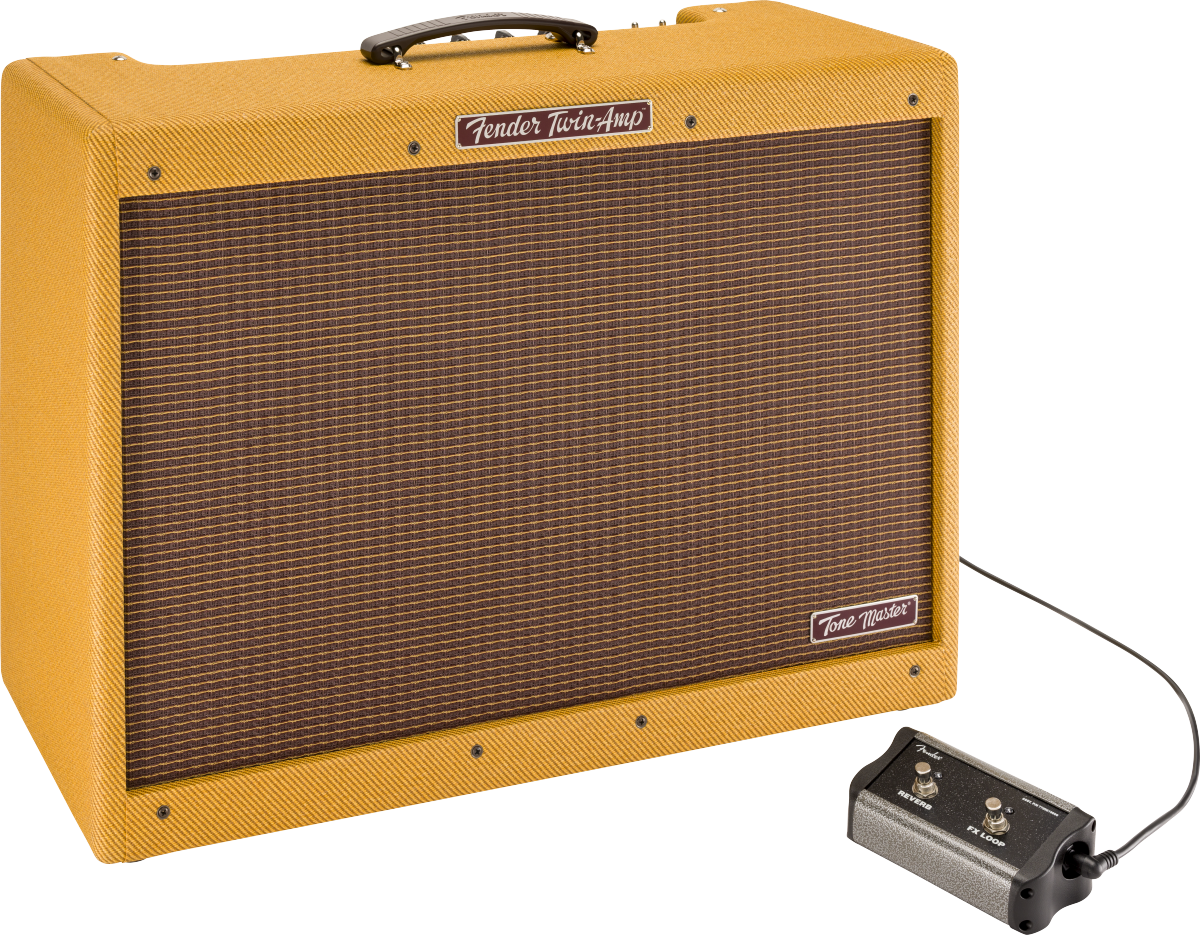 Gitarrenverstärker, Röhrenverstärker, gelbes Gehäuse, brauner Lautsprechergrill, Fußschalter