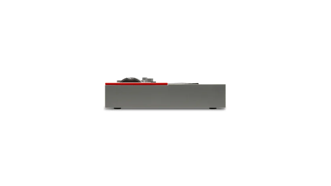Plattenspieler, graues Gehäuse, roter Tonarm, Drehregler