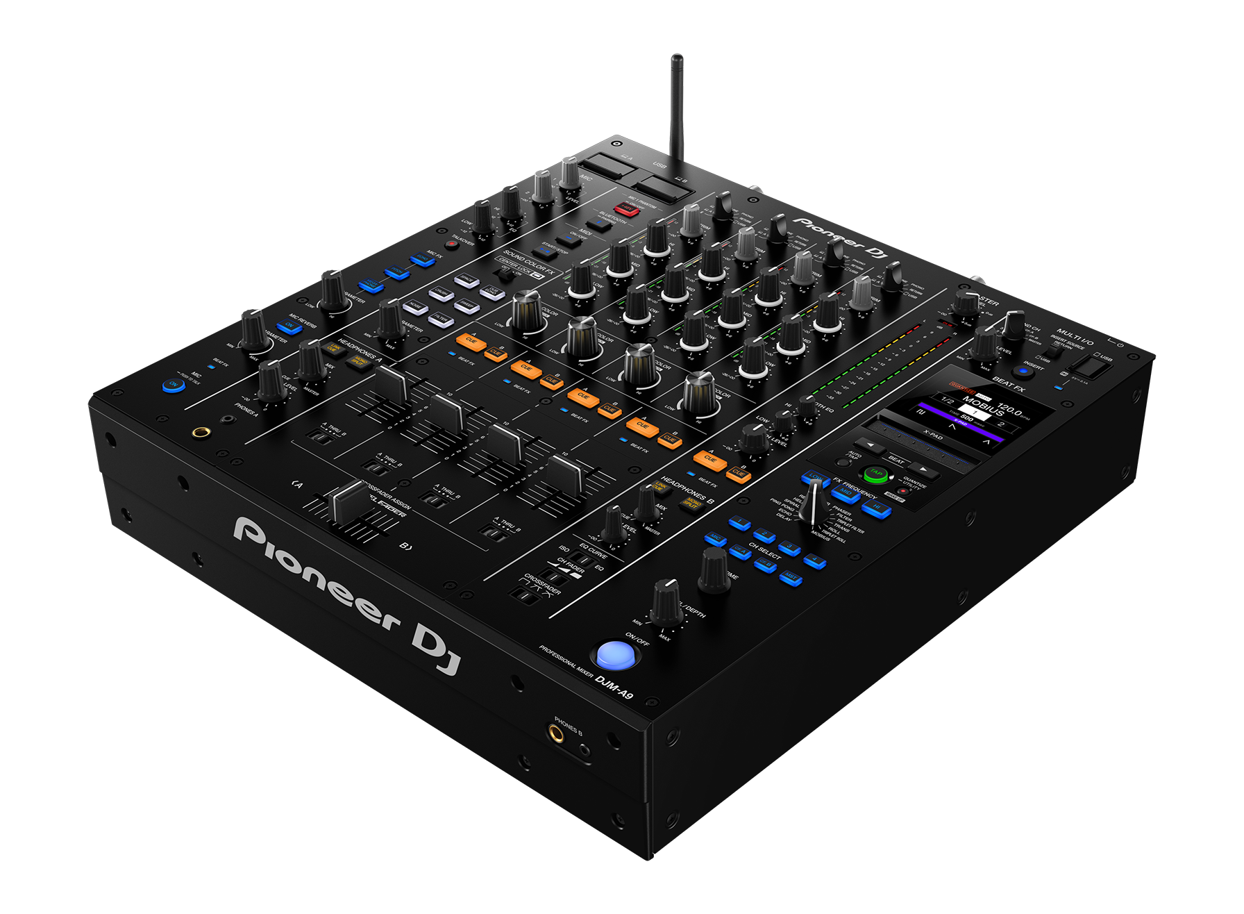 DJ-Mixer, schwarz, Mehrkanal-Mixer, Drehregler, Display