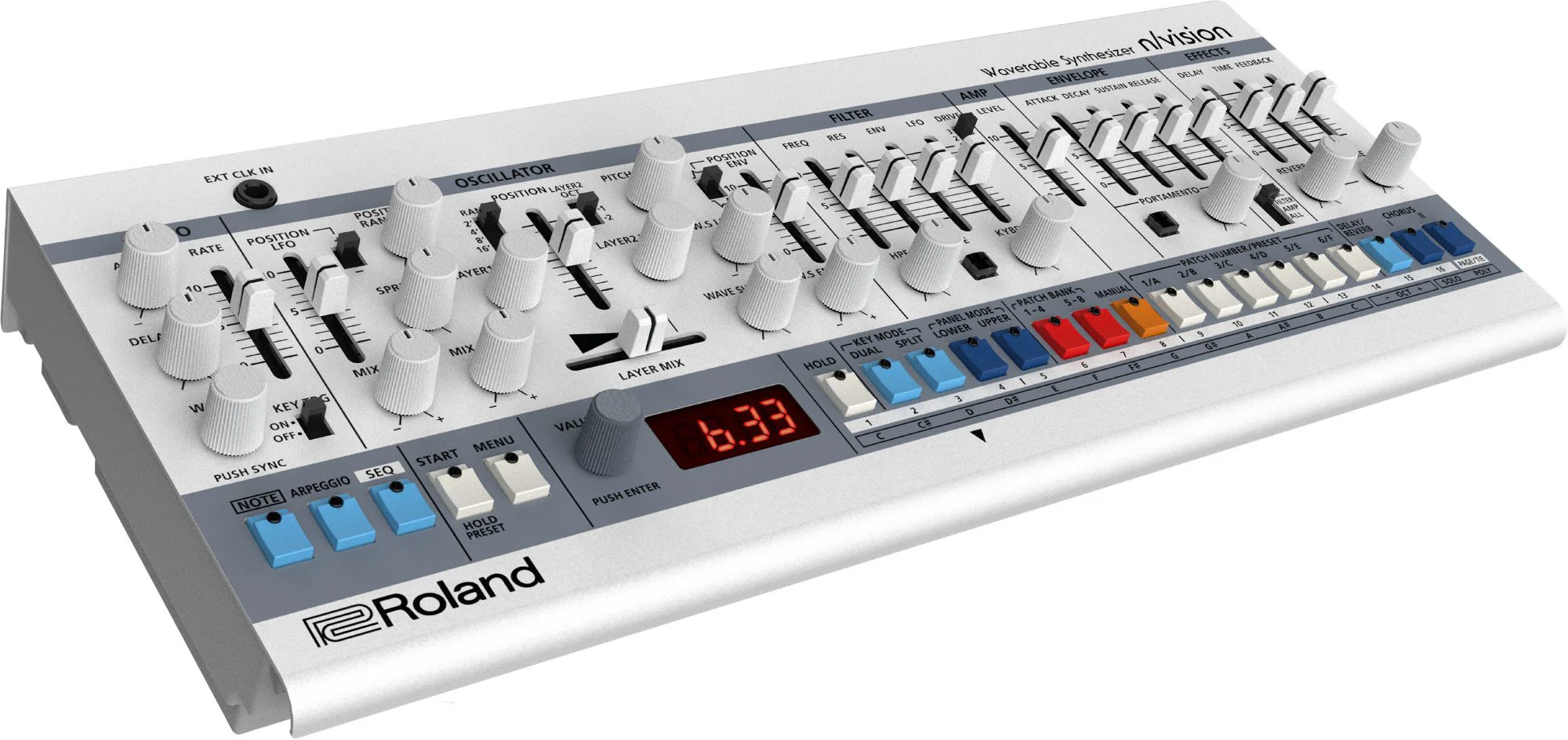 Wavetable-Synthesizer, silbernes Gehäuse, Regler und Fader, rote LED-Anzeige, Tastenfeld