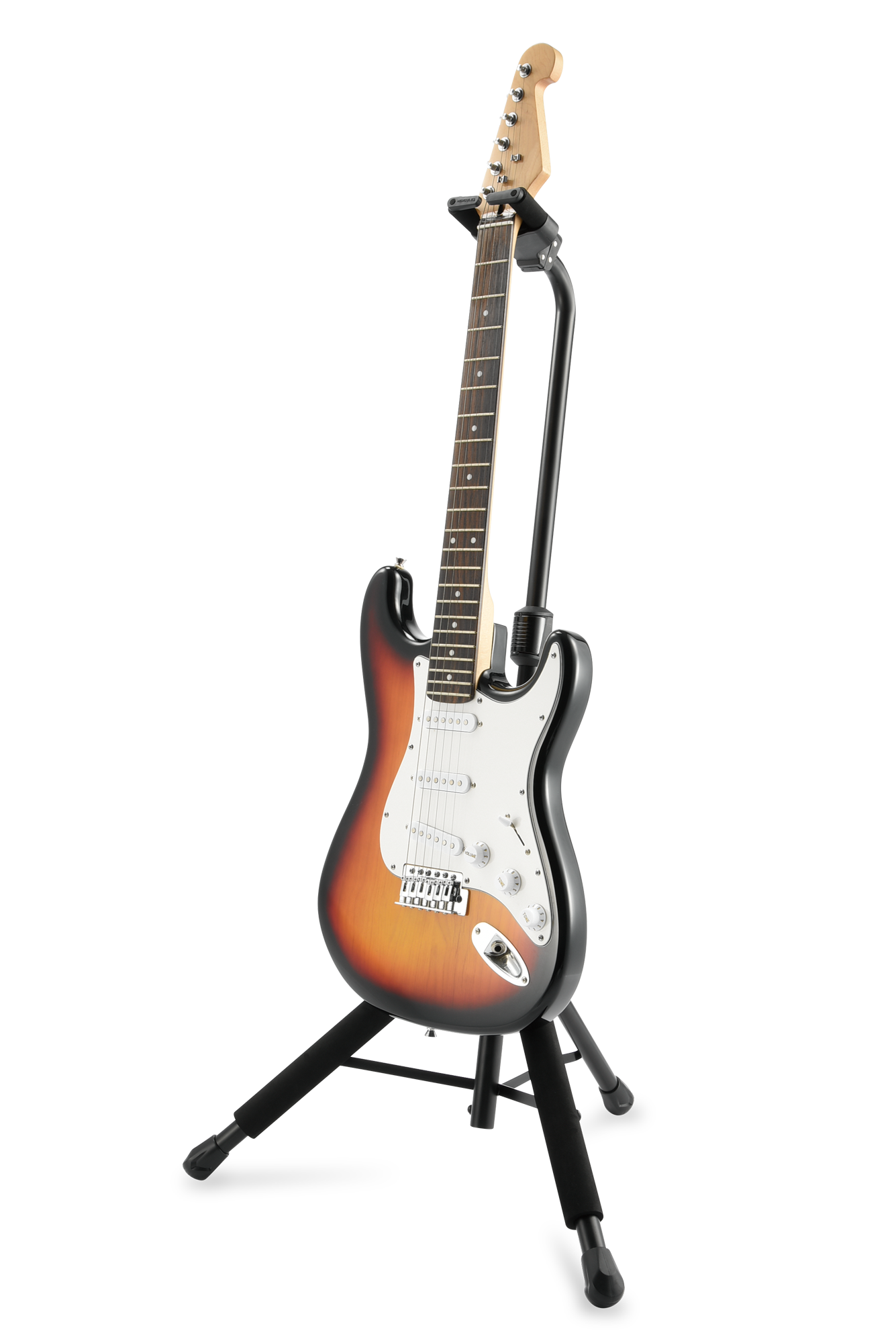 E-Gitarre, Sunburst-Lackierung, Massivholzkorpus, weiße Schlagplatte, Gitarrenständer