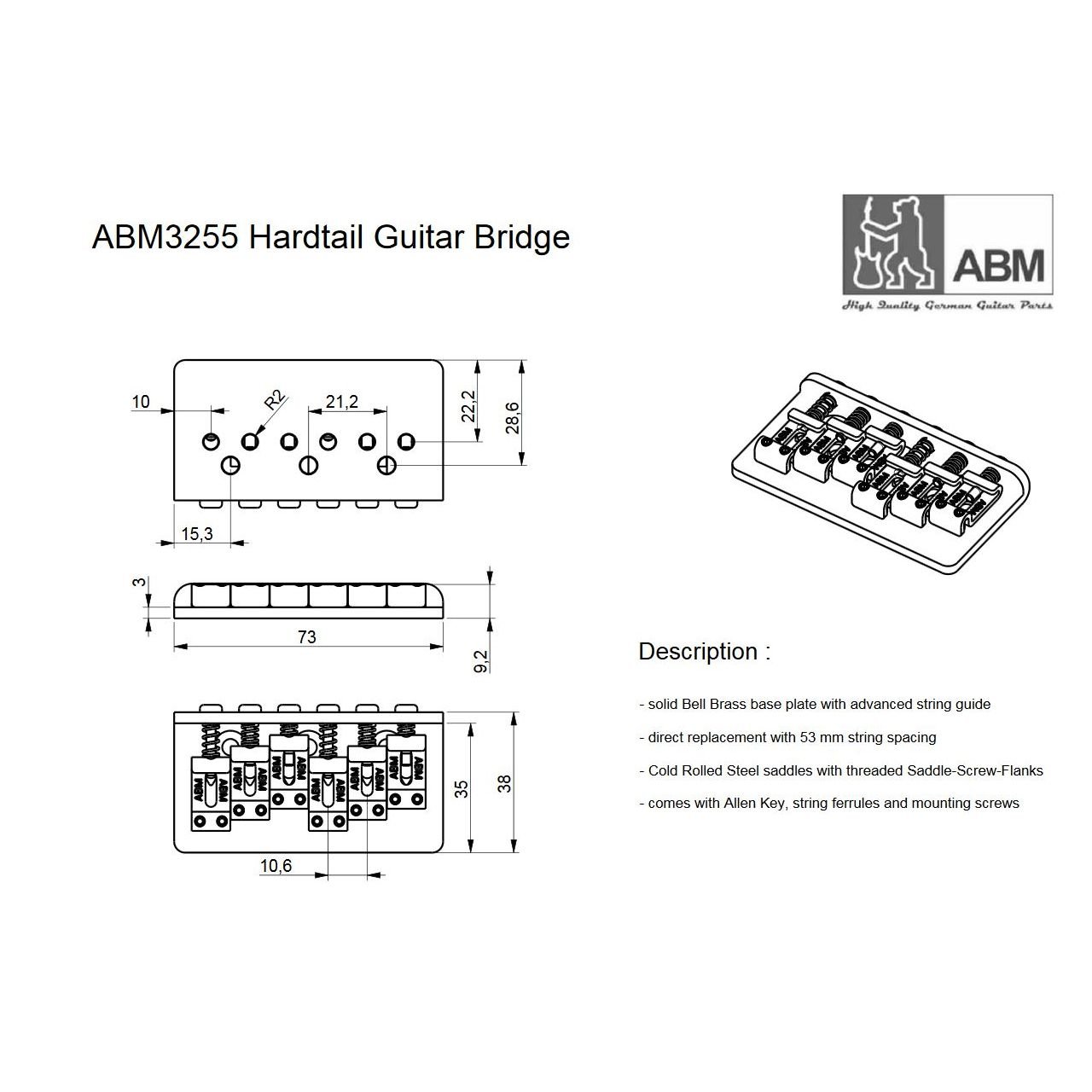 3255c Classic Hardtail Bridge, chrome plate, nickel saddles