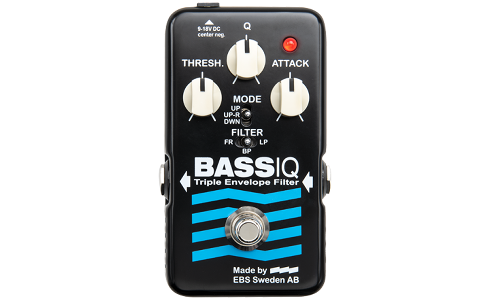 Bass-Effektpedal, Envelope-Filter, schwarzes Gehäuse, blaue Streifen, Drehregler