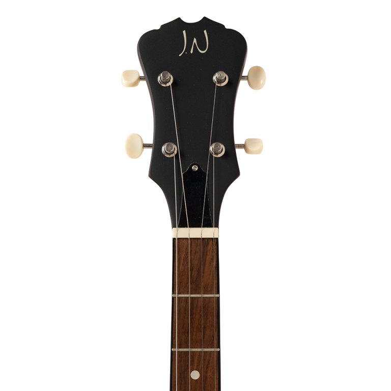 Ukulele, schwarzer Kopf, Holzhals, vier Saiten, helle Wirbel