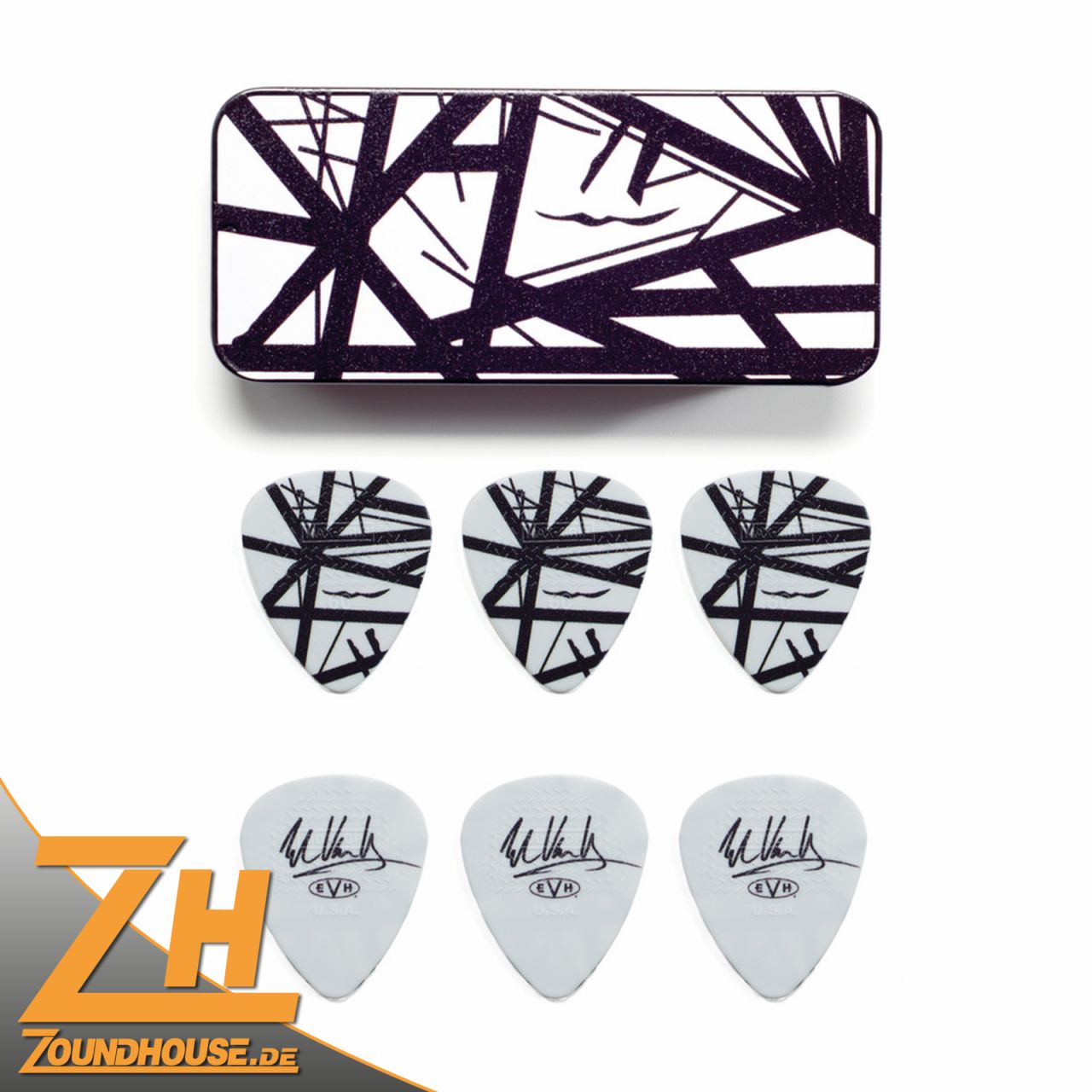 EVH White with Black Stripes Pick Tin, 6 pcs