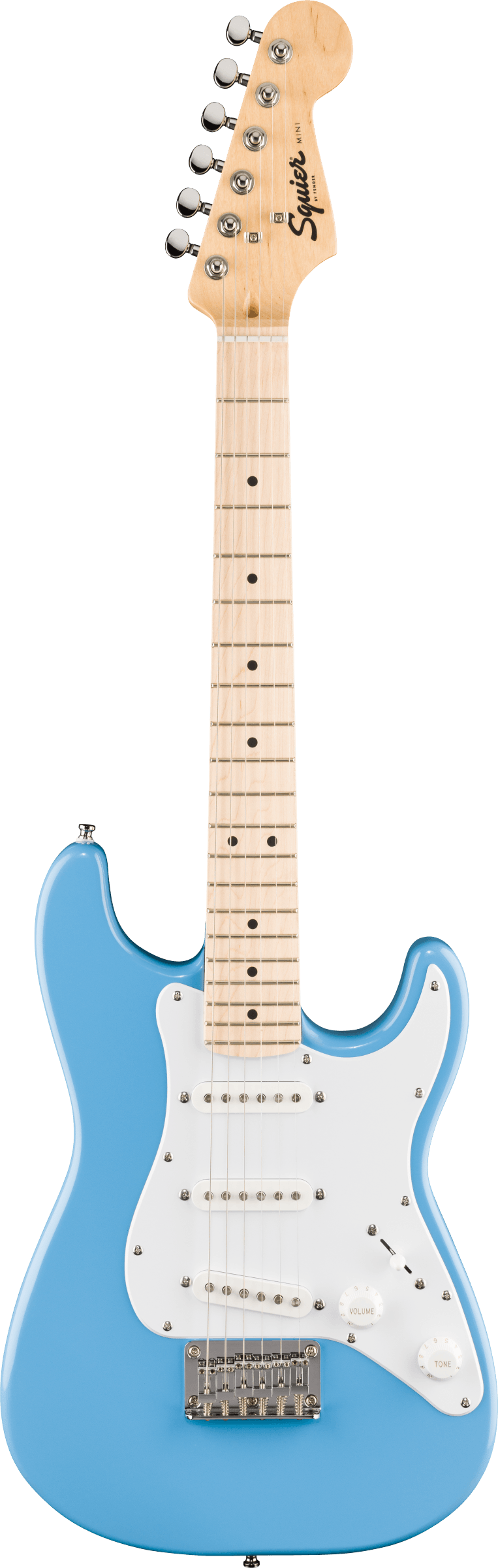 E-Gitarre, blaue Korpusfarbe, weißer Schlagbrett, Ahornhals, Single-Coil-Tonabnehmer