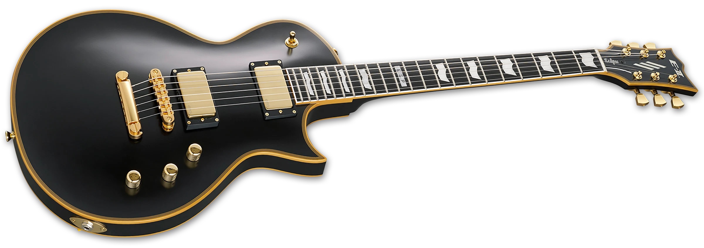 E-Gitarre, Schwarzer Korpus, Goldfarbene Hardware, Doppelspul-Tonabnehmer, Griffbrett mit Einlagen