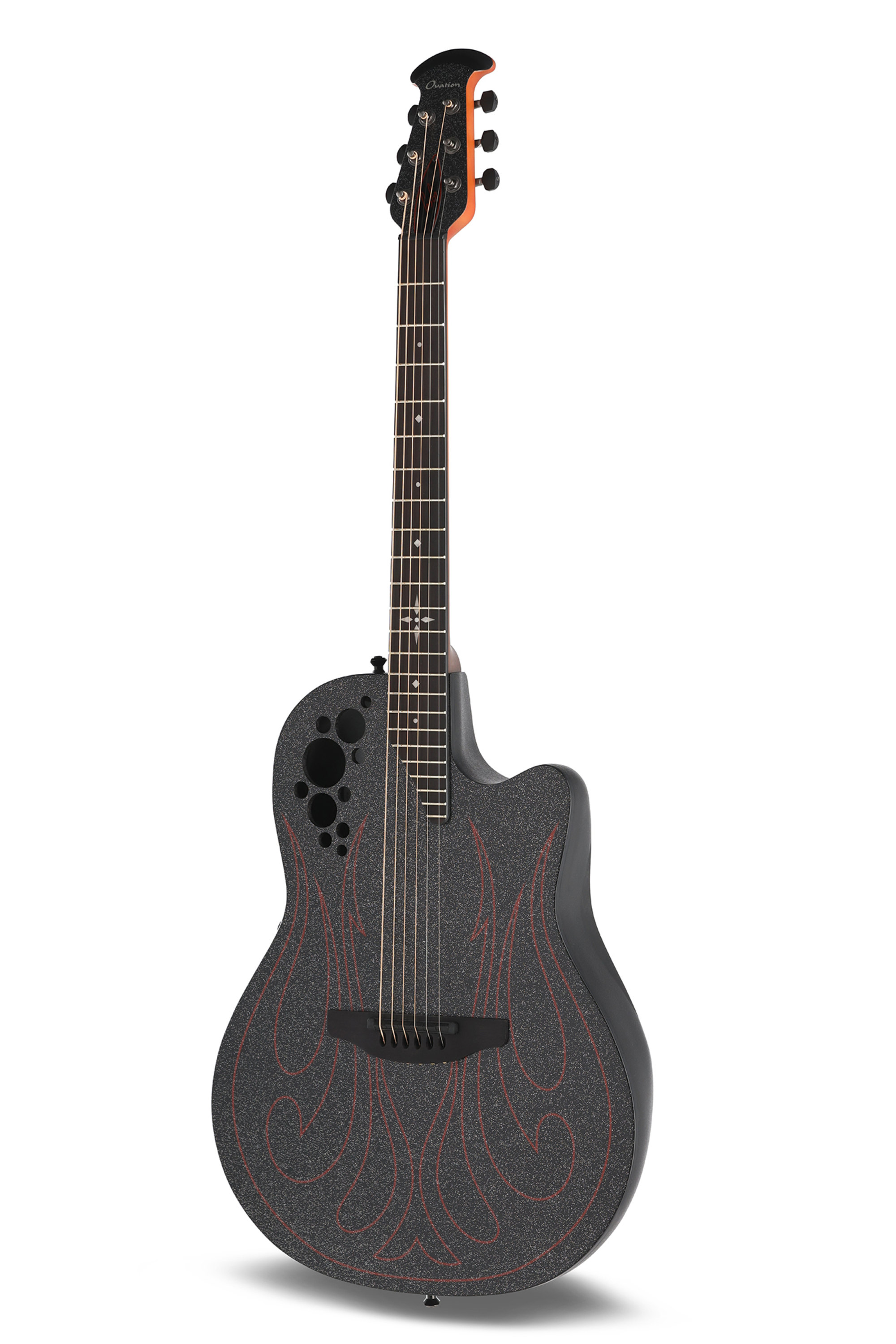 Akustikgitarre, schwarzer Glitzerlack, Flammenmuster, Cutaway-Korpus, runde Schalllöcher