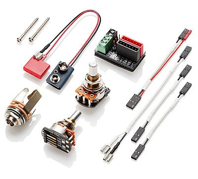 Elektronikbauteile, Kippschalter, Potentiometer, Verbindungskabel, Metallkontakte