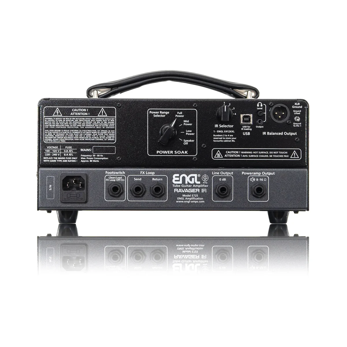 Engl E725 Ravager IR Rückseite mit Ausgängen für Boxen, Kopfhörer und XLR-Line-Out