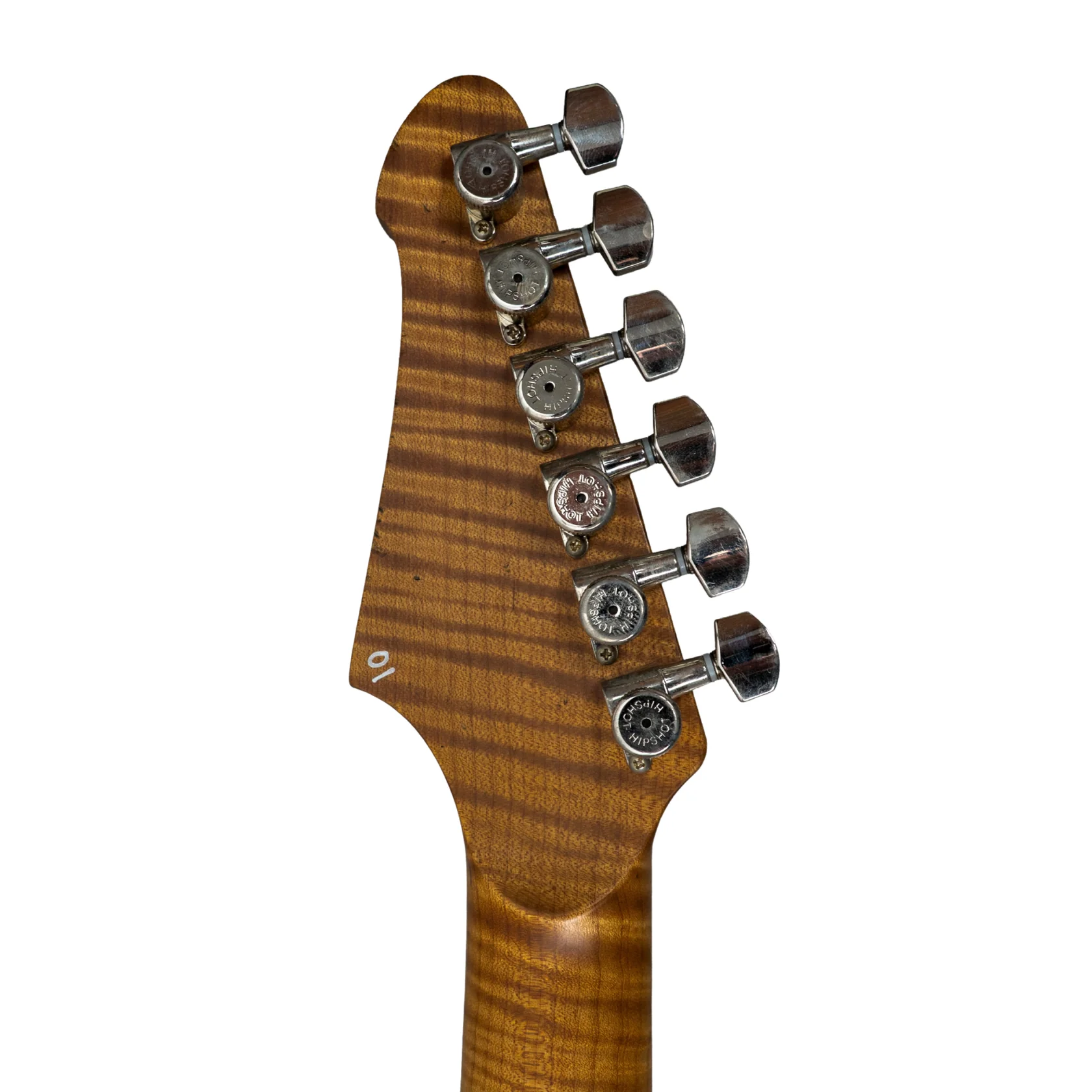 E-Gitarren-Kopfplatte, sechs Stimmmechaniken, Holzmaserung, braunes Holz, Chrom-Hardware