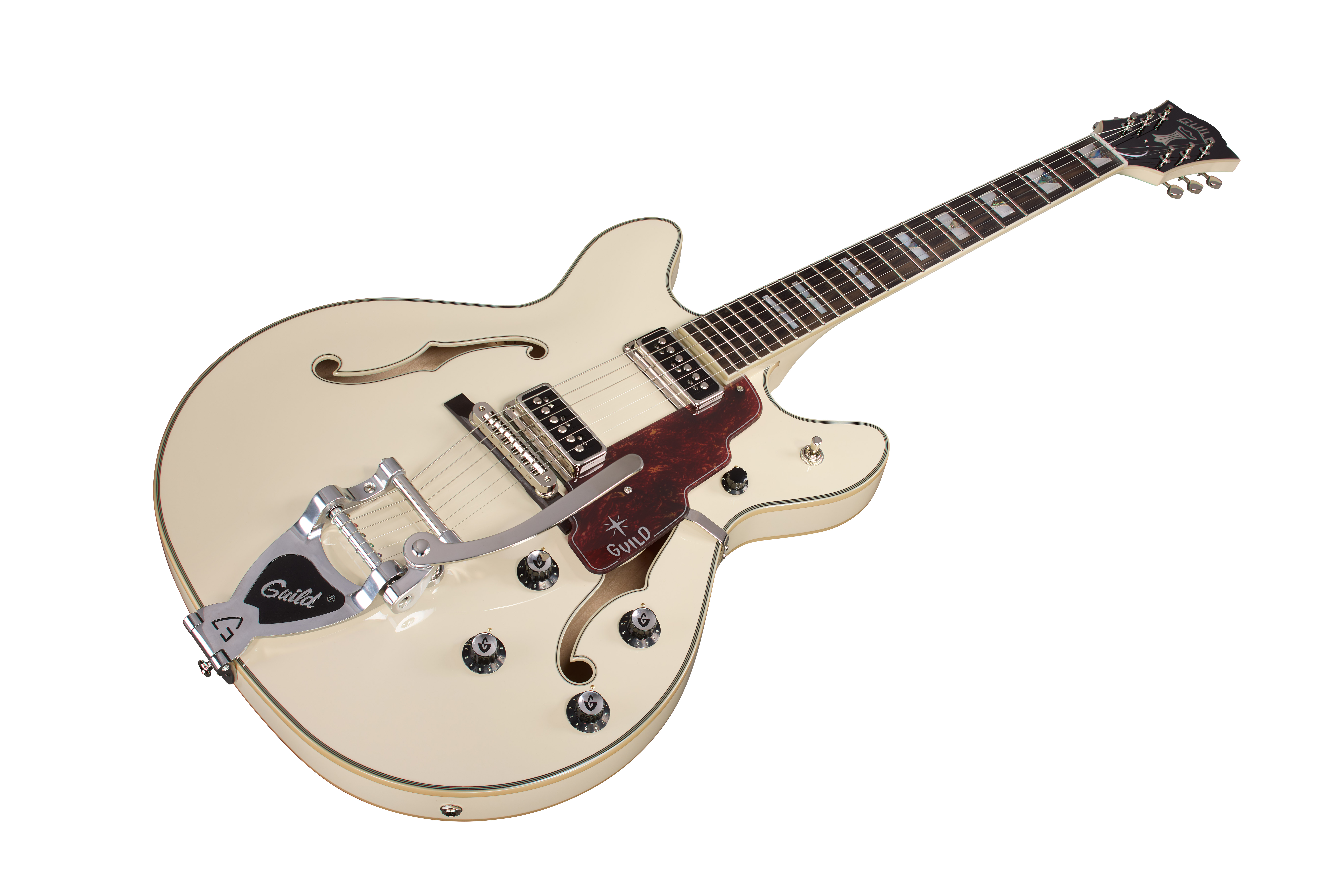 E-Gitarre, Hollowbody, Cremefarben, Doppelte Cutaways, Bigsby-Tremolo