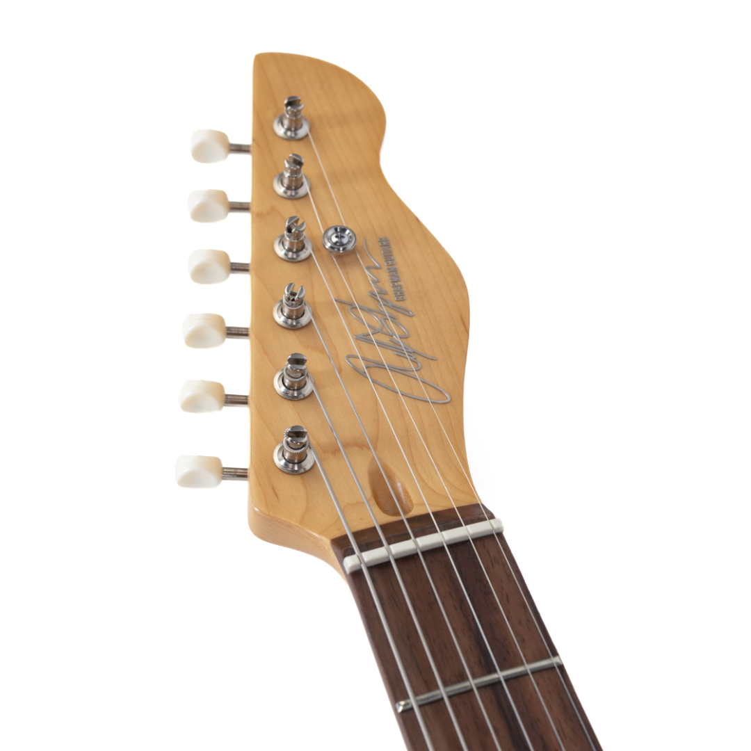 E-Gitarrenhals, Ahorn-Kopfplatte, sechs Saiten, Stimmmechaniken, dunkles Griffbrett