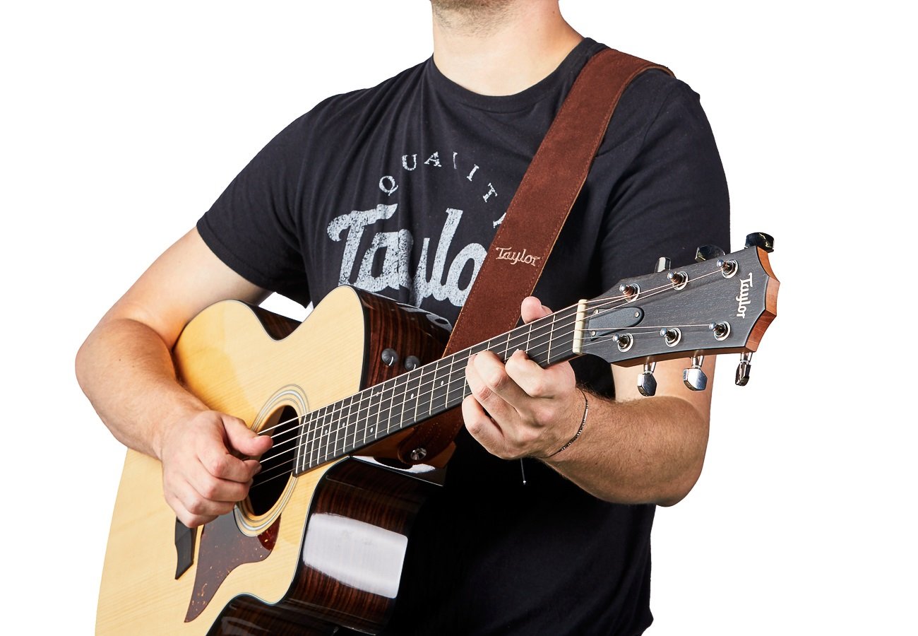 Embroidered Suede Guitar Strap Choc Brown