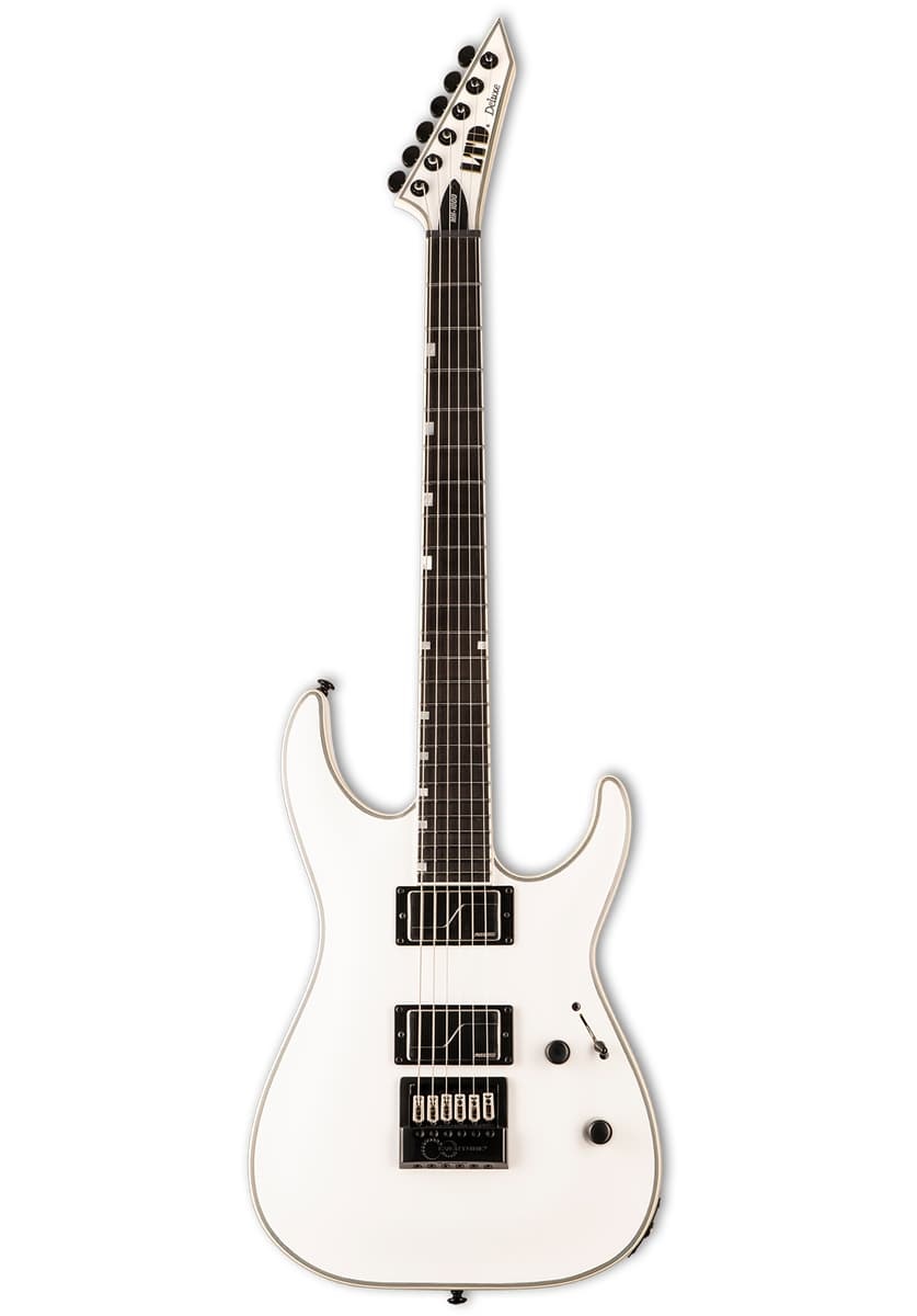 E-Gitarre, weißer Korpus, sechs Saiten, doppelter Humbucker, schwarzes Griffbrett