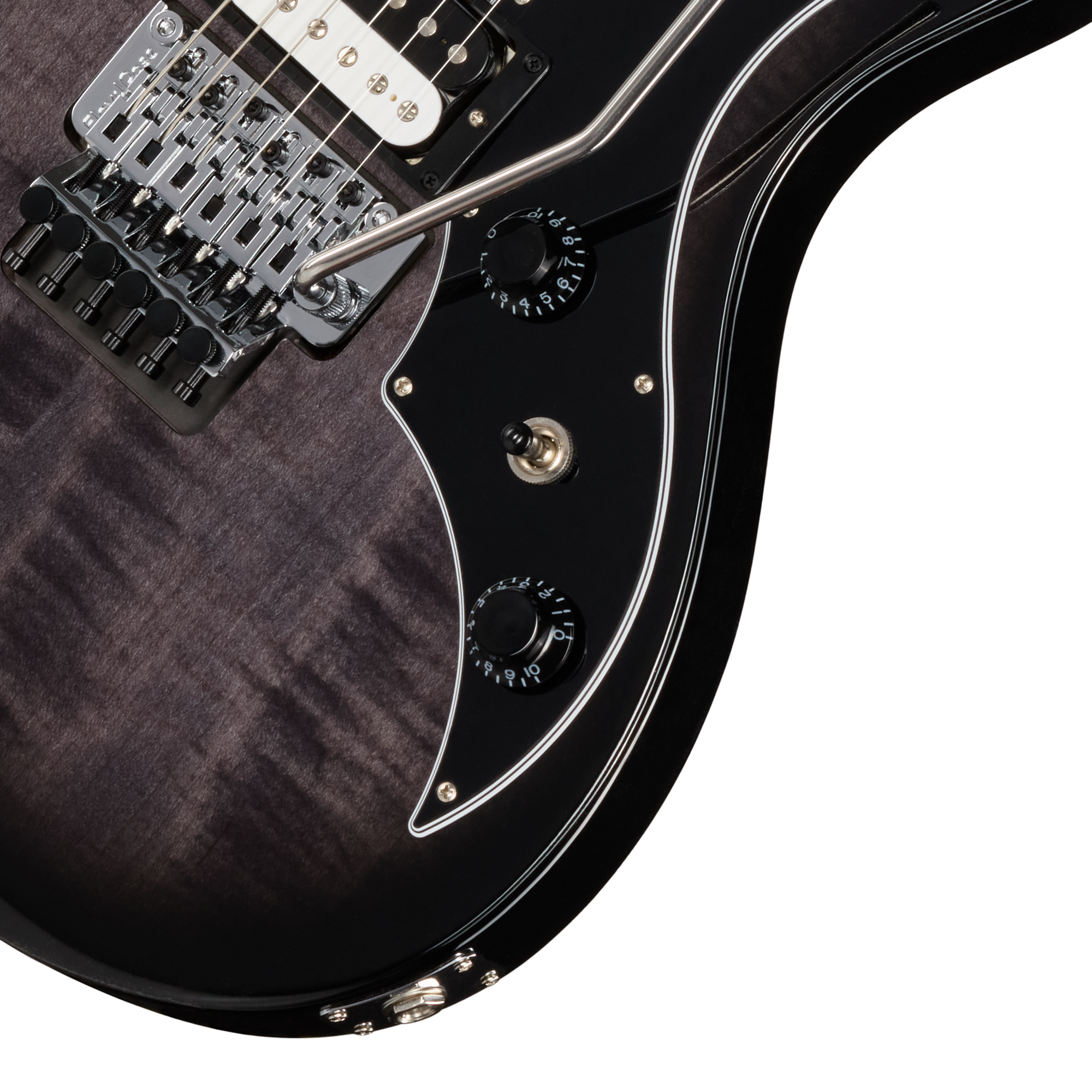 E-Gitarre, Schwarzer Korpus, Doppelspulen-Tonabnehmer, Tremolo-System, Lautstärkeregler