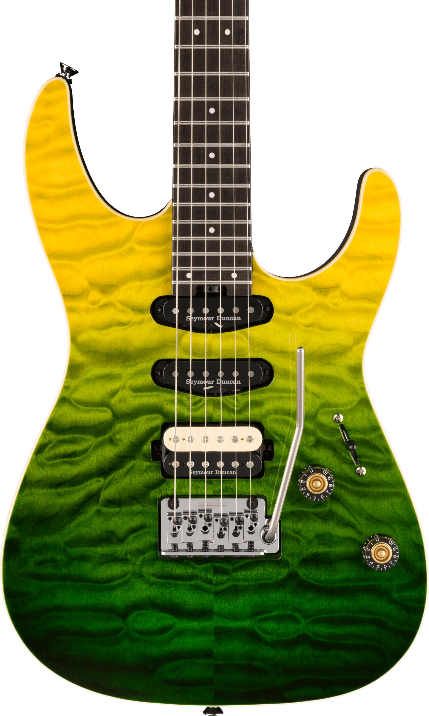E-Gitarre, Gelb-grüner Farbverlauf, Quilted-Ahorn-Decke, Humbucker und Singlecoils, Tremolo-System