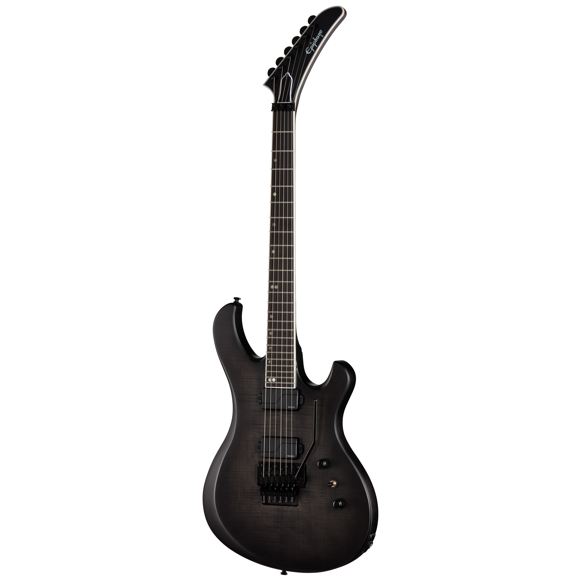 E-Gitarre, schwarzer Korpus, sechs Saiten, Humbucker-Tonabnehmer, Tremolo