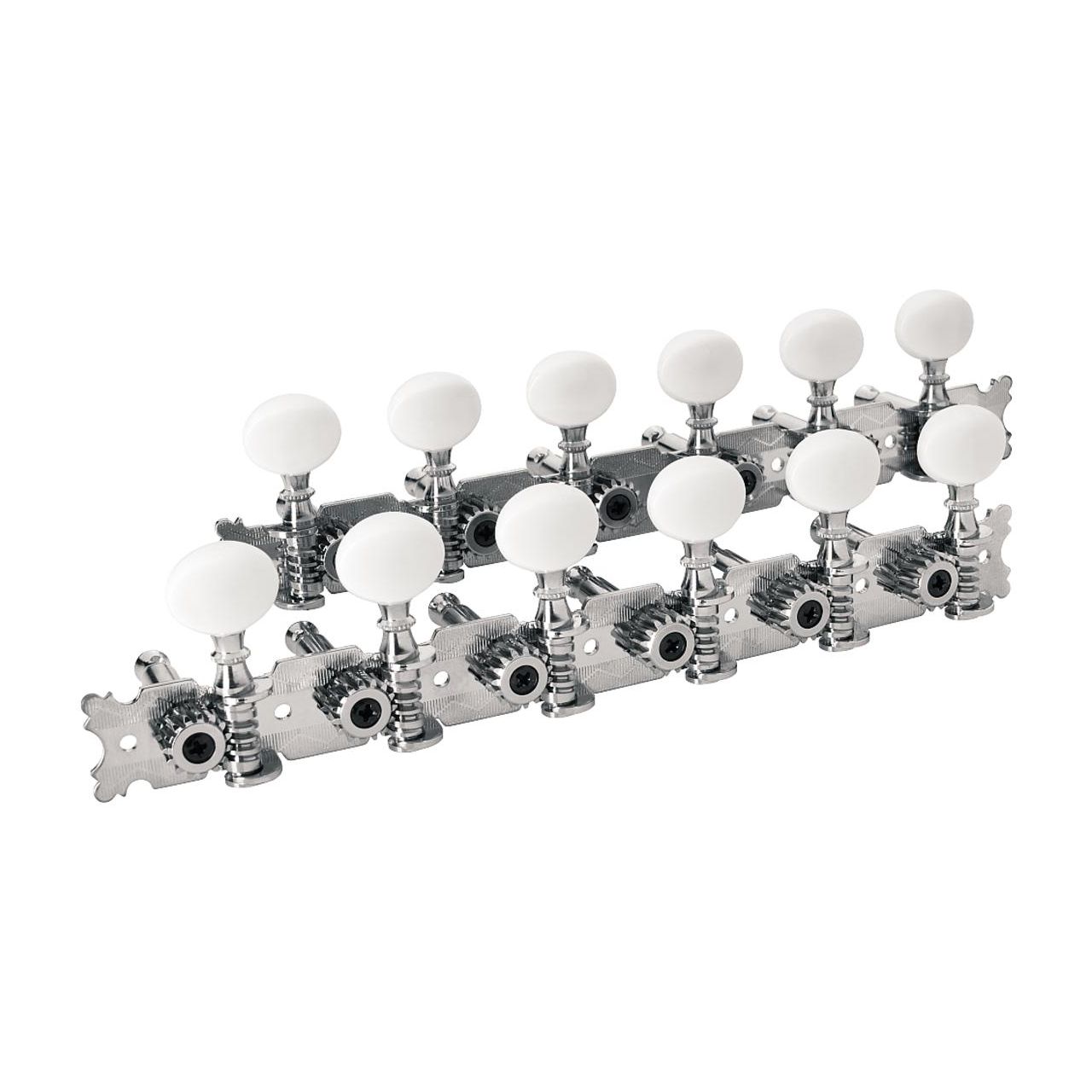 Vintage-Mechaniken für 12 Saiter: 6 links + 6 rechts, nickel, ovale Kunstoffknöpfe