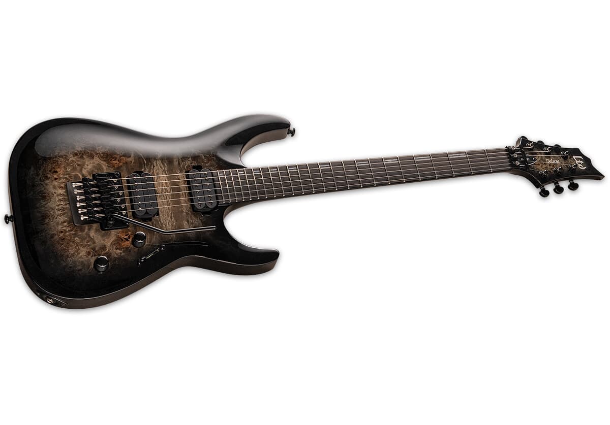 E-Gitarre, siebensaitig, Korpus aus Wölkchenahorn, schwarzes Burst-Finish, Tremolo-System