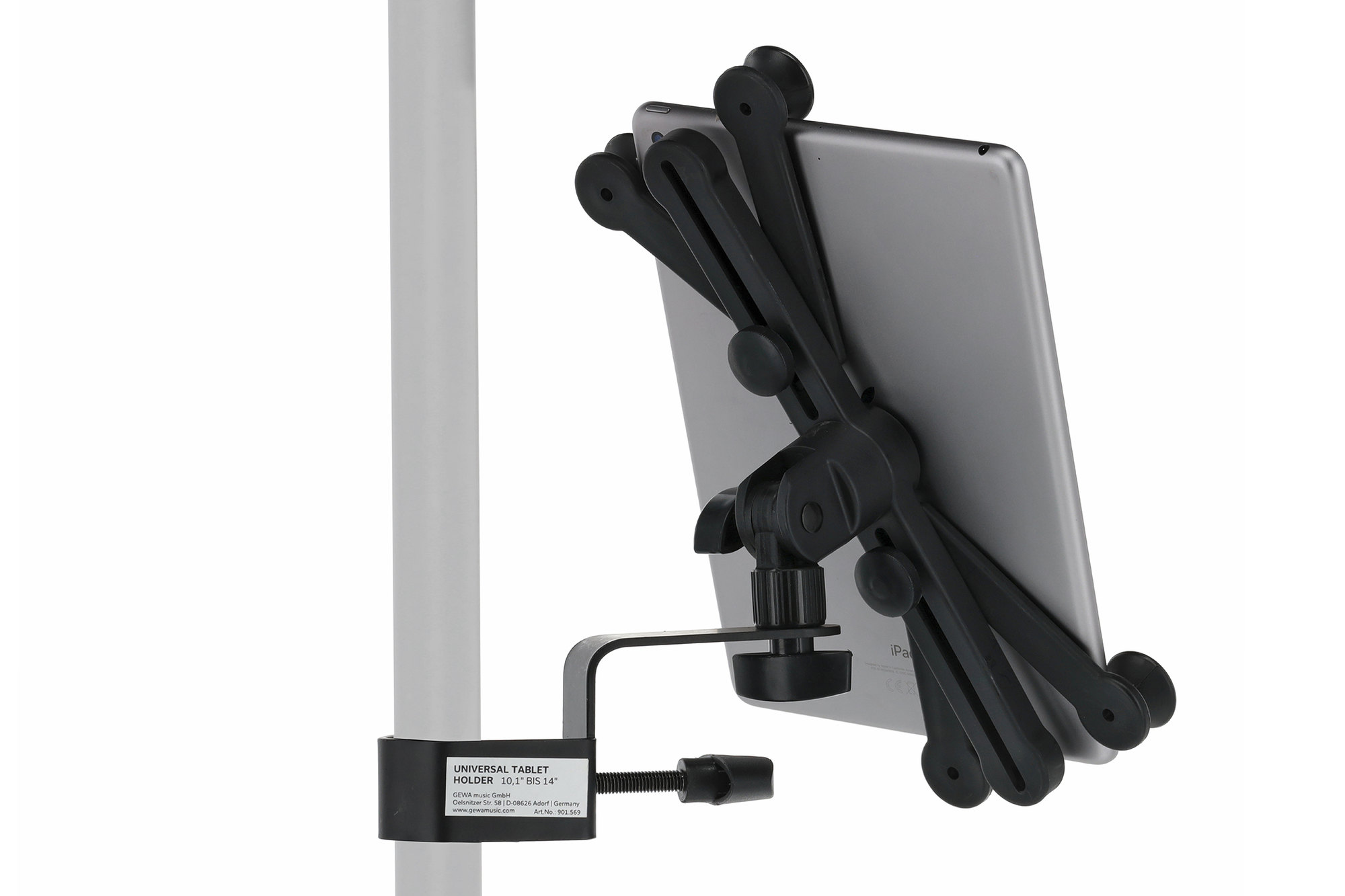 Tablet-Halterung, Schwarz, Kunststoff, Verstellbarer Arm, Rohrklemme