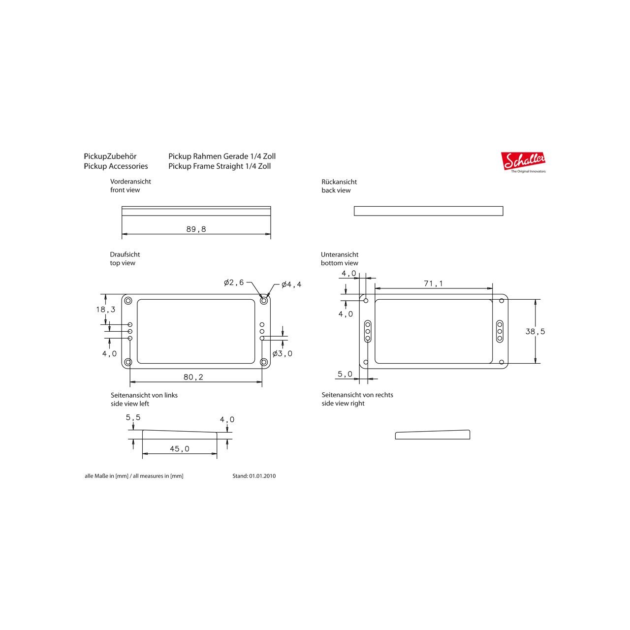 Humbucker Rahmen, 3-Loch, Kunststoff gerade, schwarz, flach