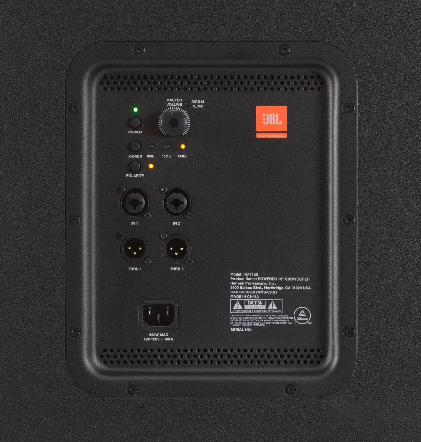 JBL IRX-115S Nahaufnahme – Bedienfeld mit Crossover- und Polarity-Schalter auf der Rückseite