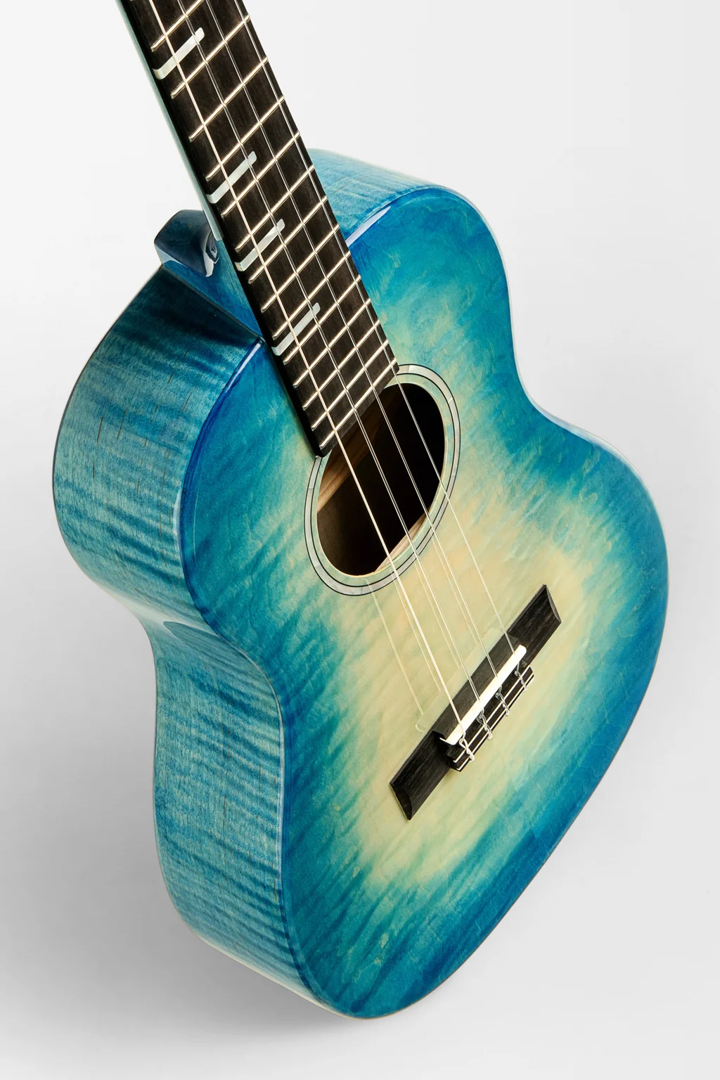 All Solid Blue Flame Maple Waterfall Baritone Ukulele
