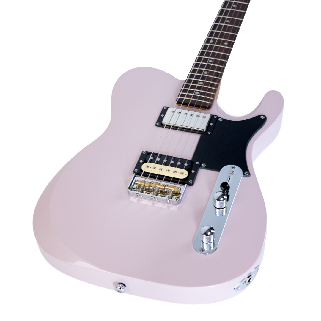 E-Gitarre, pastellrosa, massiver Korpus, Humbucker-Tonabnehmer, schwarzes Schlagbrett