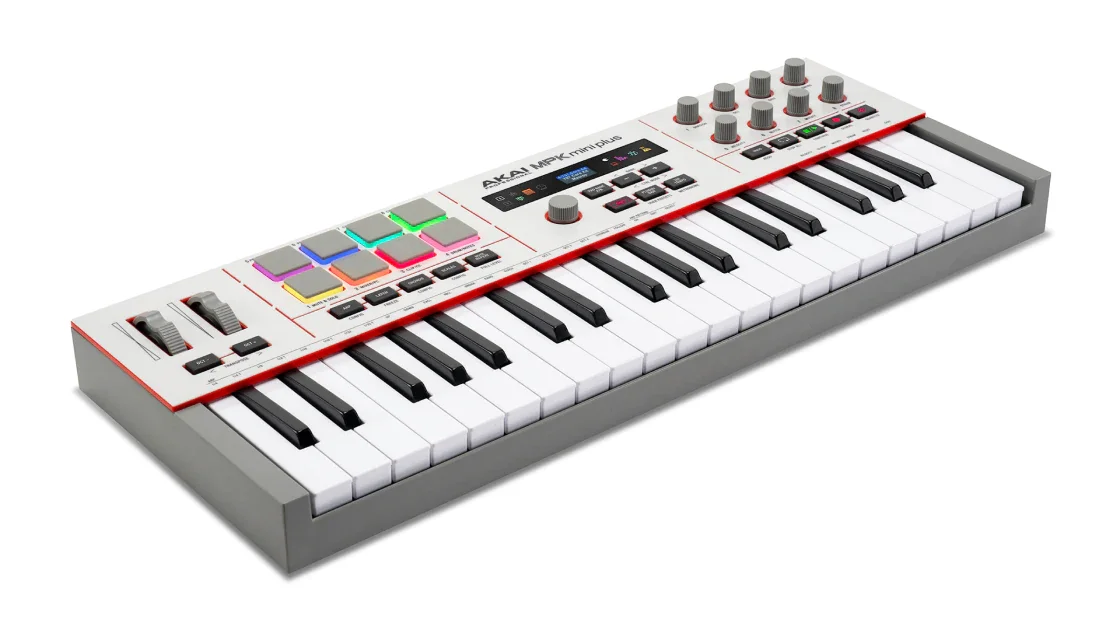 MIDI-Keyboard, Tastaturcontroller, Drumpads, Drehregler, Weiß-grau