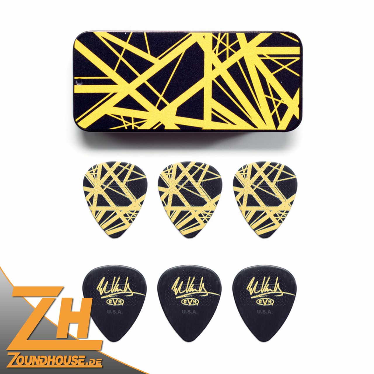 EVH Black with Yellow Stripes Pick Tin, 6 pcs