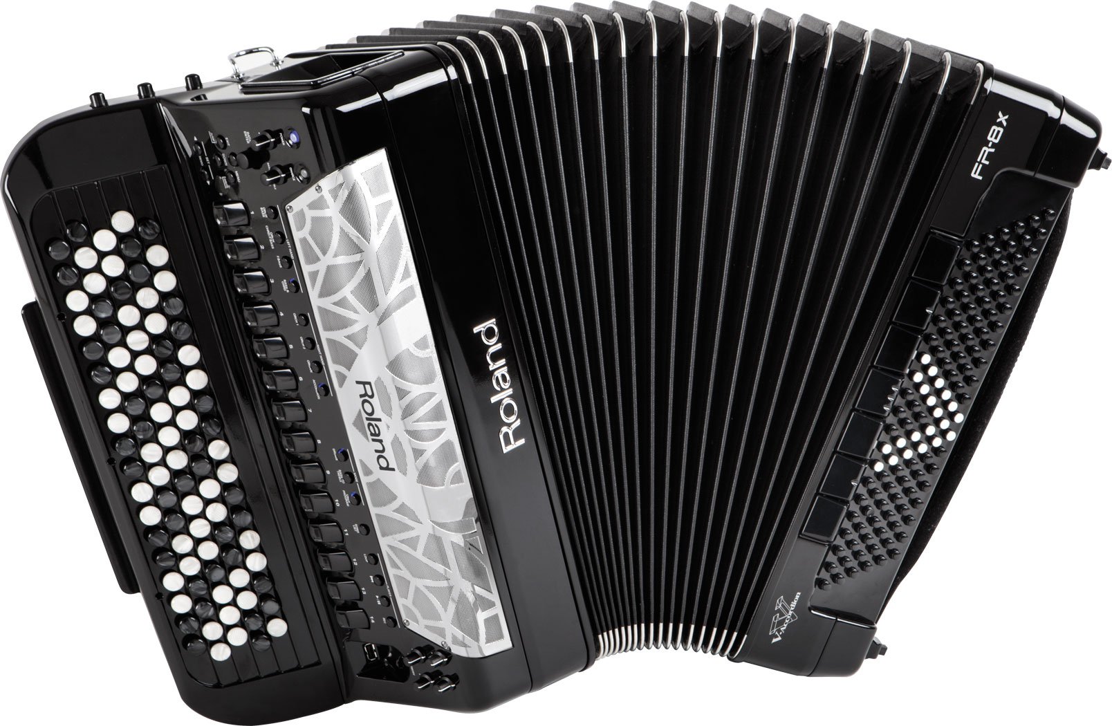 Roland FR-8Xb BK V-Akkordeon geöffnet mit sichtbarem Balg und Register