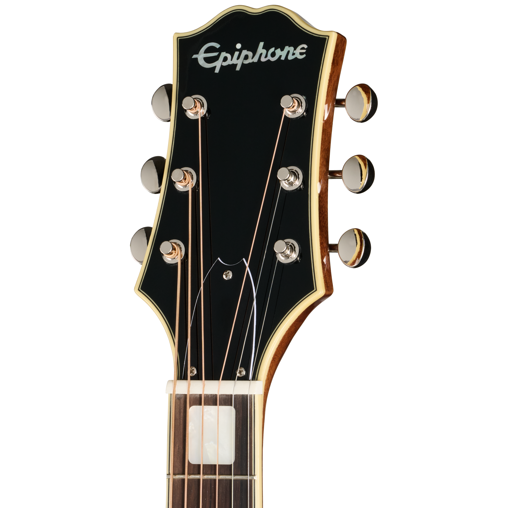 Gitarrenkopf, schwarzes Finish, goldene Einfassung, sechs Saiten, Stimmmechaniken