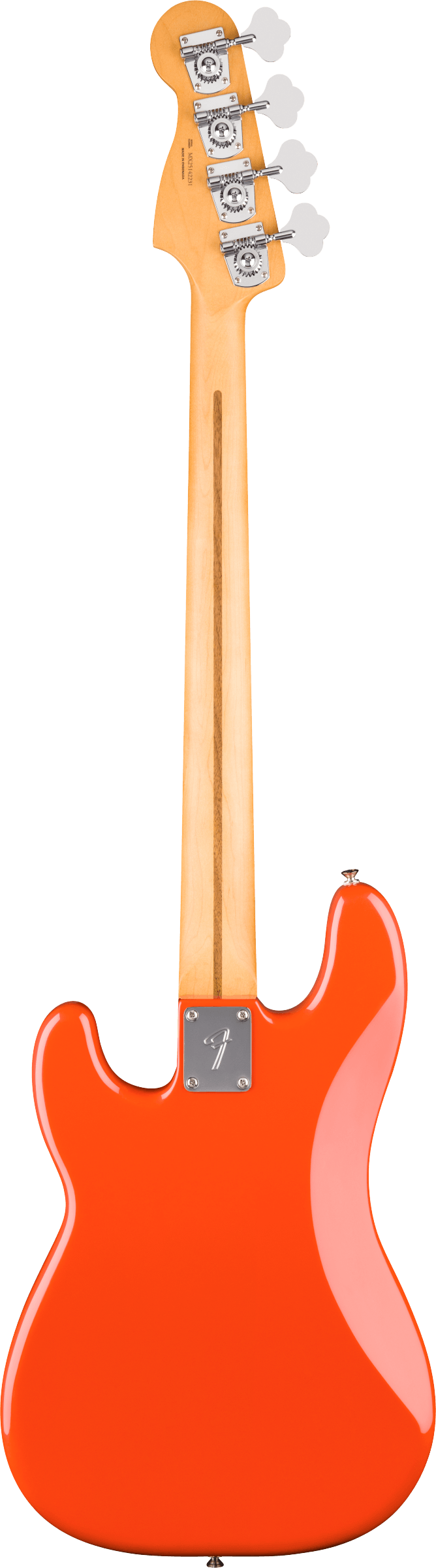 E-Bass, roter Korpus, Ahornhals, vier Saiten, Fender-Logo