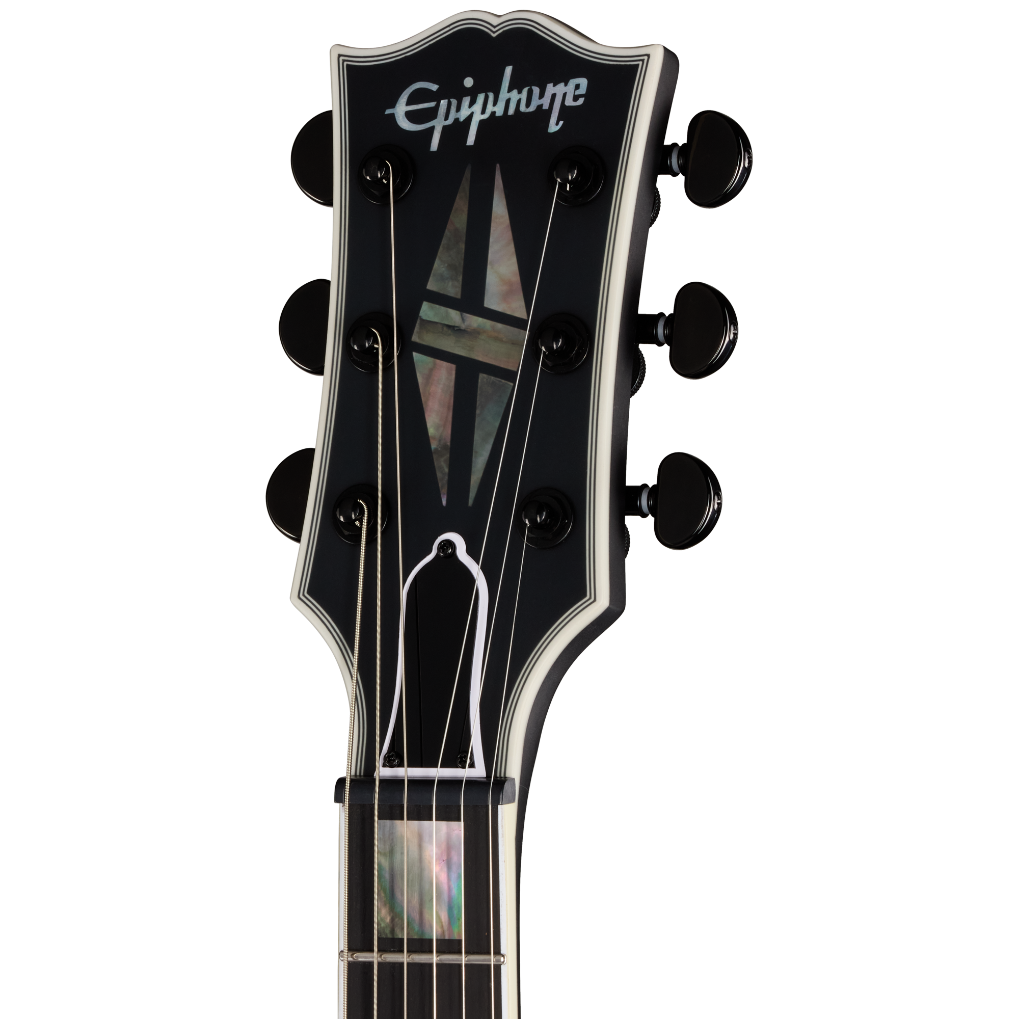 E-Gitarren-Kopfplatte, schwarzes Finish, Perlmutt-Inlay, sechs Mechaniken, weiße Randeinfassung