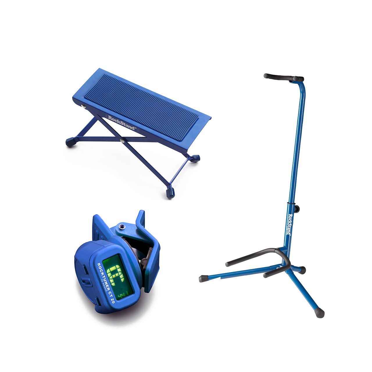 Einsteiger-Bundle 28: Fußbank + Gitarrenständer + Clip-On Tuner / blau
