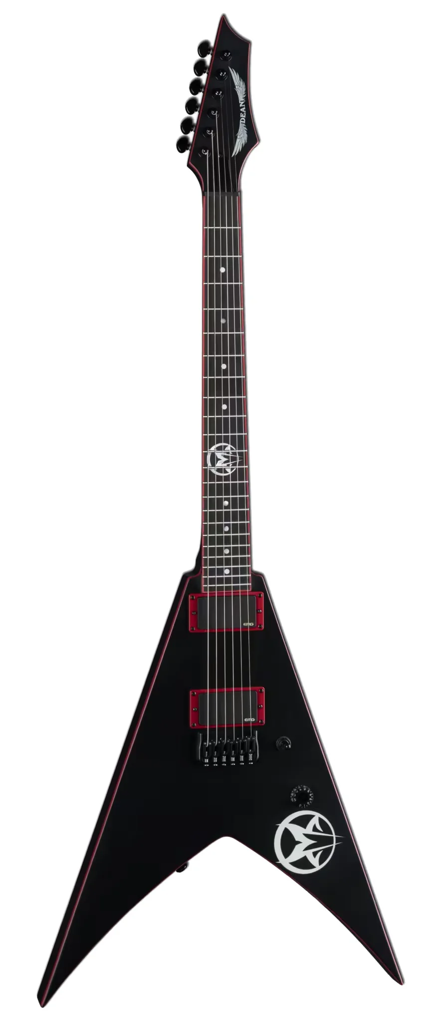 E-Gitarre, V-Form, schwarzer Korpus, rote Akzente, Doppelspulen-Tonabnehmer