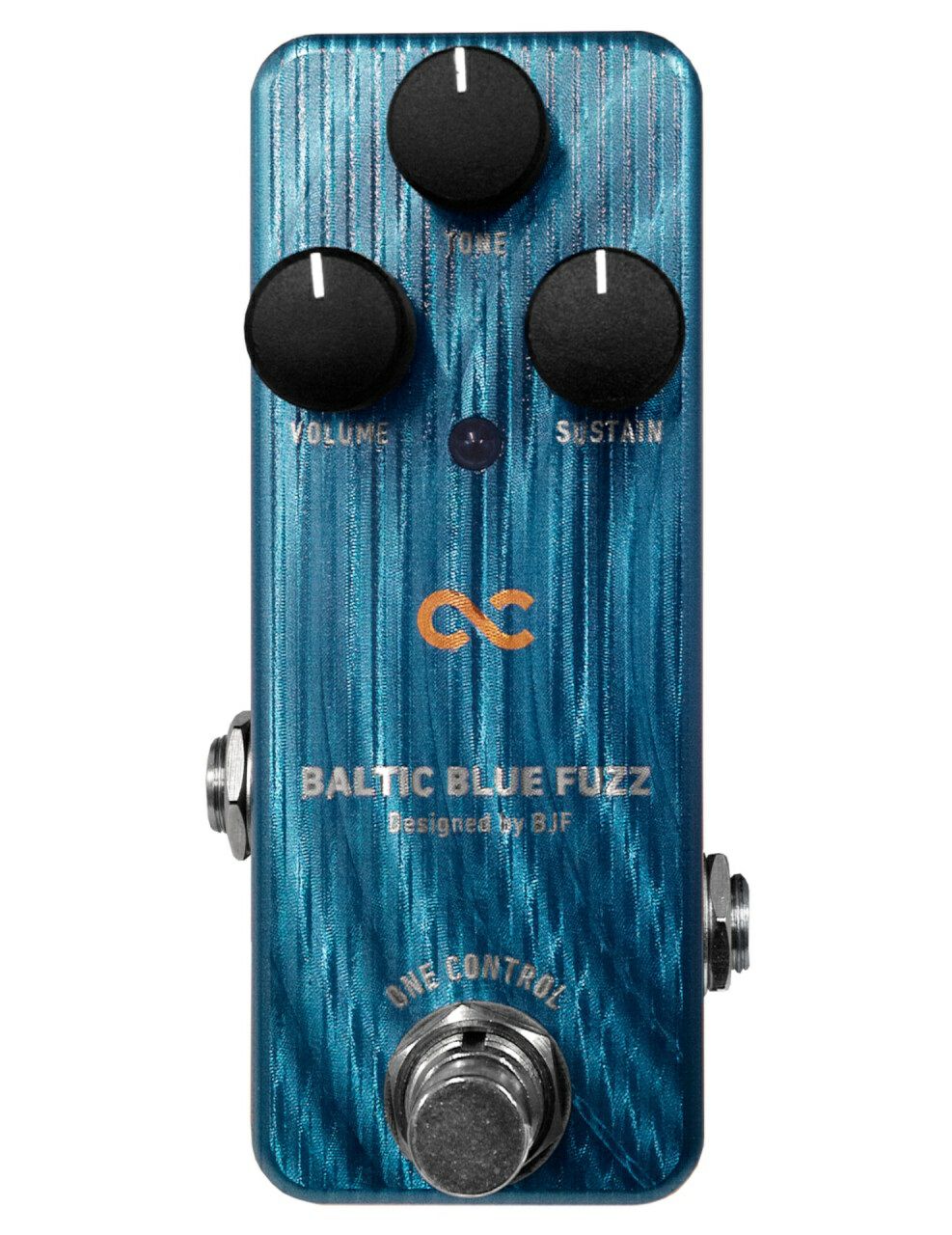 Gitarreneffektpedal, Fuzz-Pedal, blaues Gehäuse, Drehregler, Fußschalter