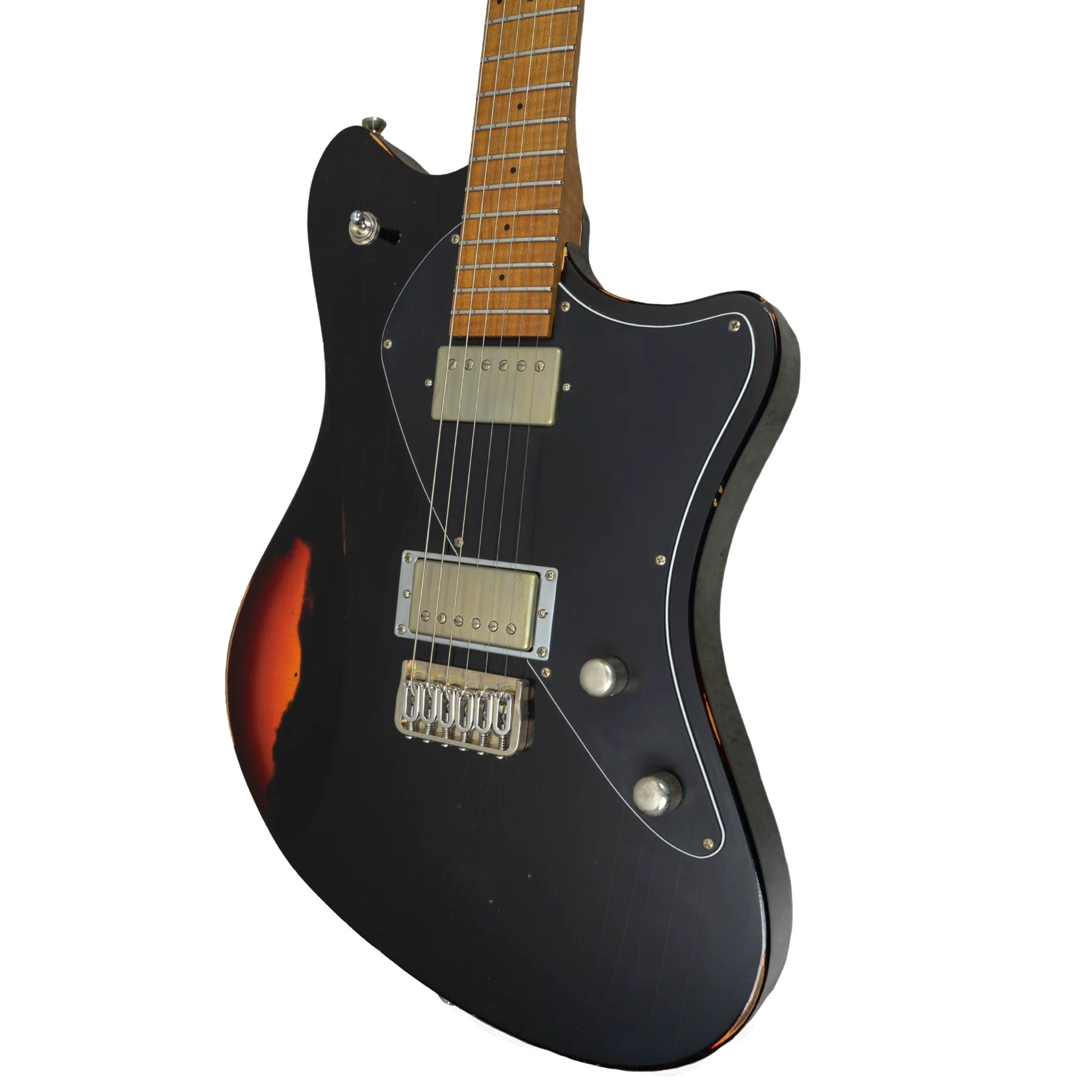 E-Gitarre, massiver Korpus, schwarzer Korpus, Doppelspulen-Tonabnehmer, Ahornhals