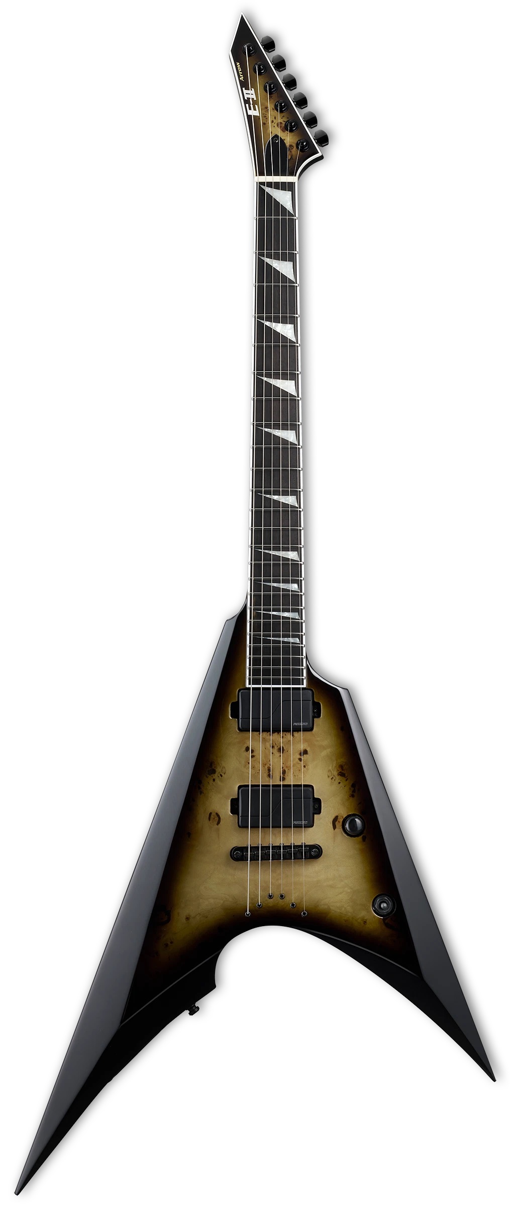 E-Gitarre, V-Form, Sunburst-Lackierung, Doppelspulen-Tonabnehmer, Haifischzahn-Griffbretteinlagen