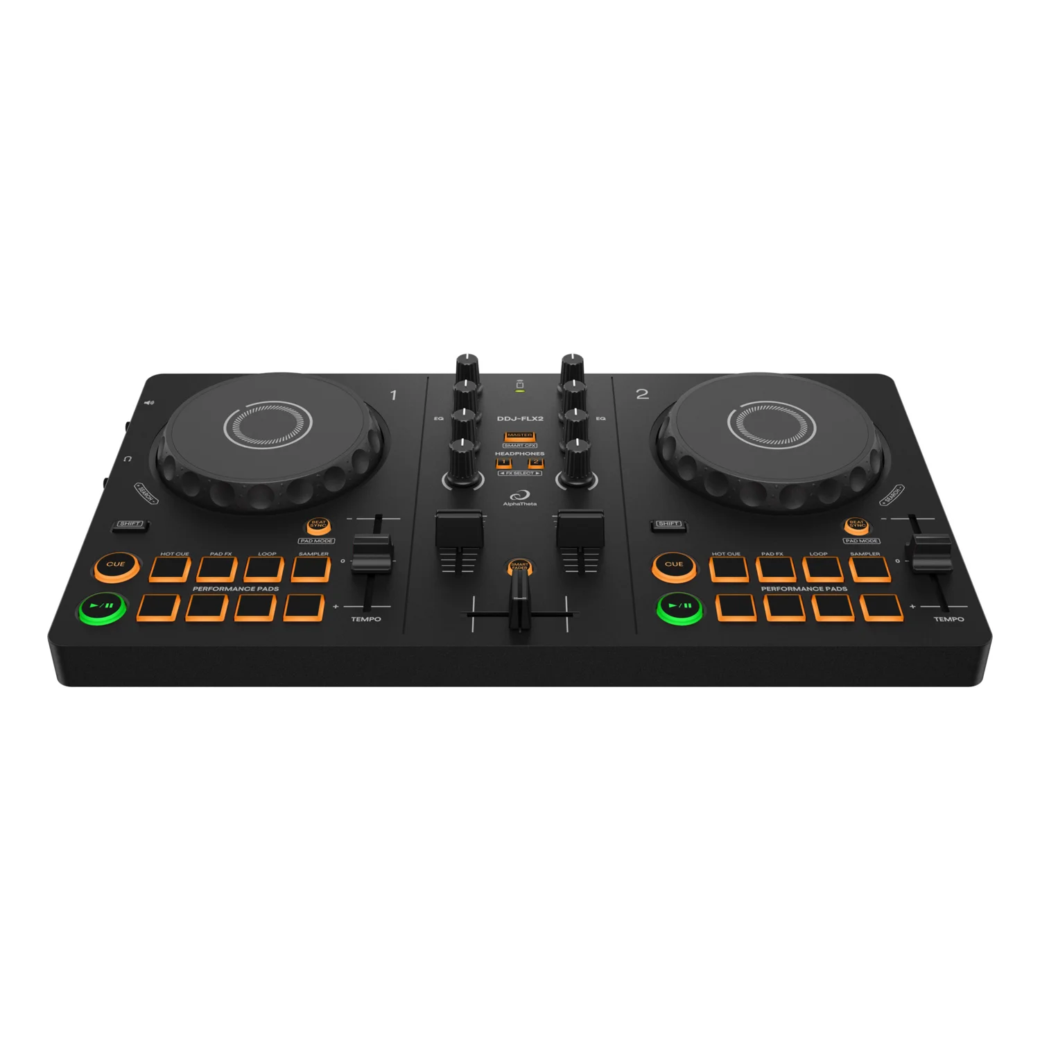 AlphaTheta DDJ-FLX2 vollständige Vorderansicht freigestellt