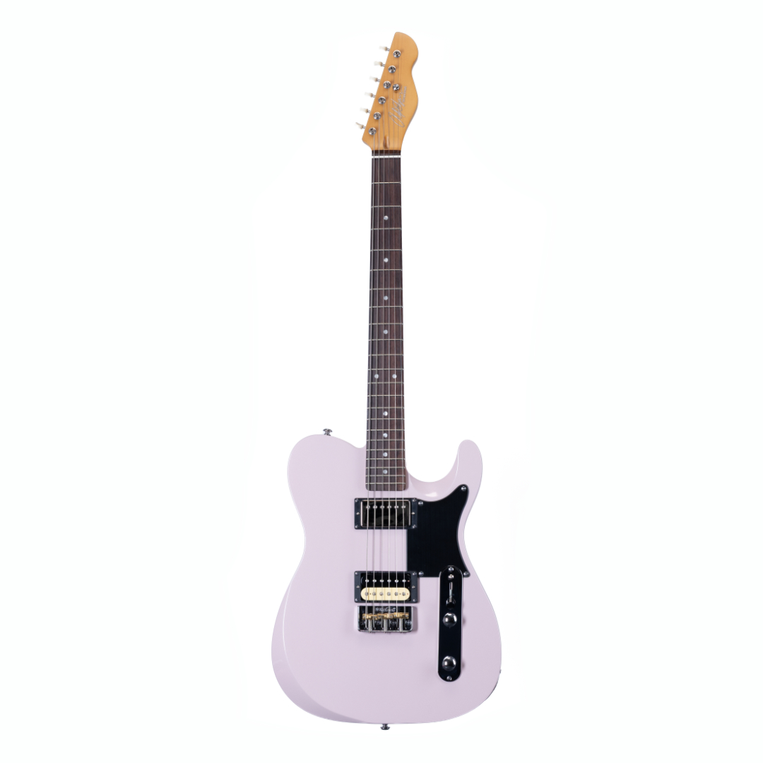 E-Gitarre, helllila Korpus, Massivholzkorpus, Humbucker-Tonabnehmer, schwarzes Schlagbrett